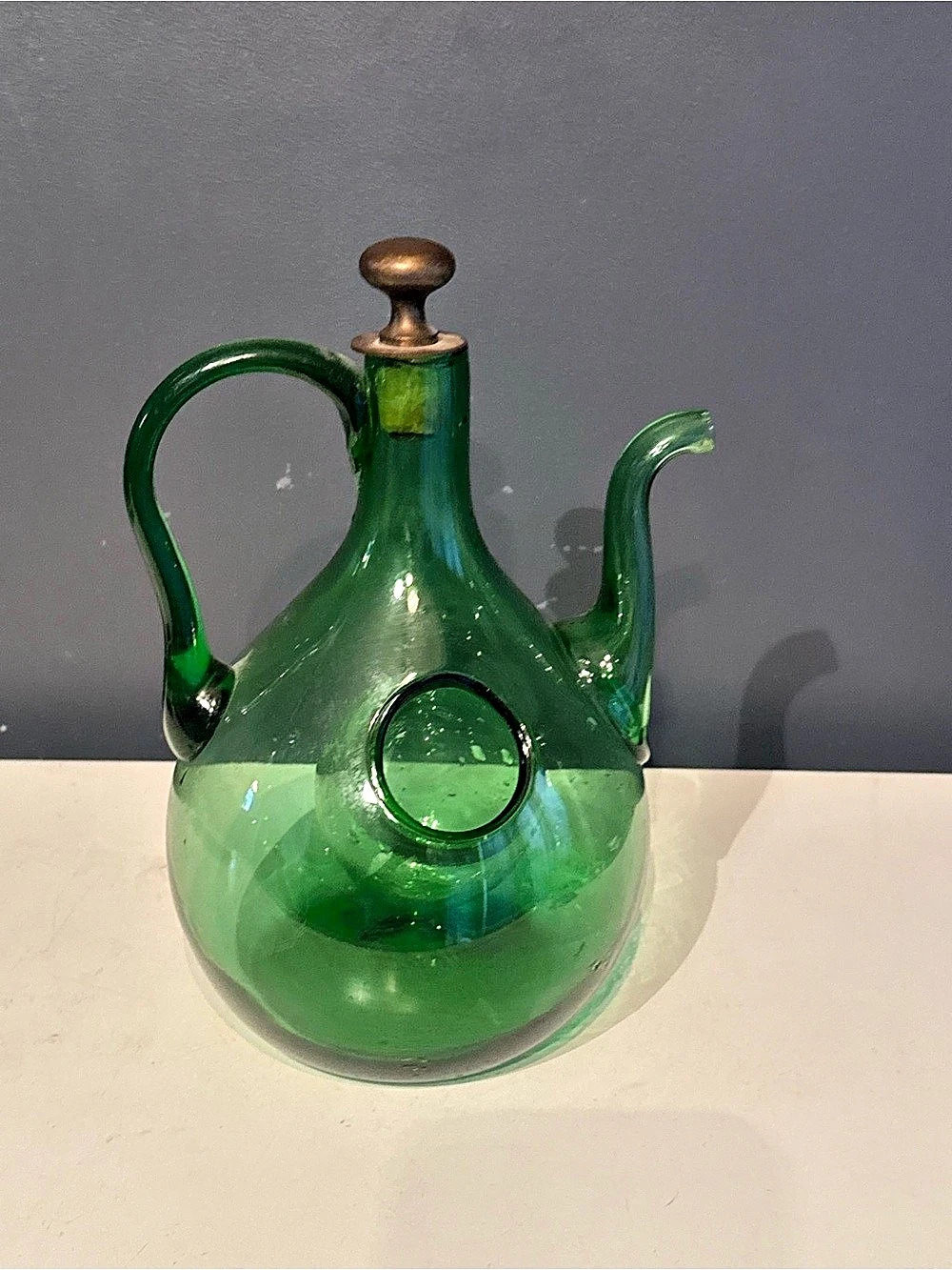Glass Decanter Green Vintage Italian Hand Blown Mid Century Bar Decor